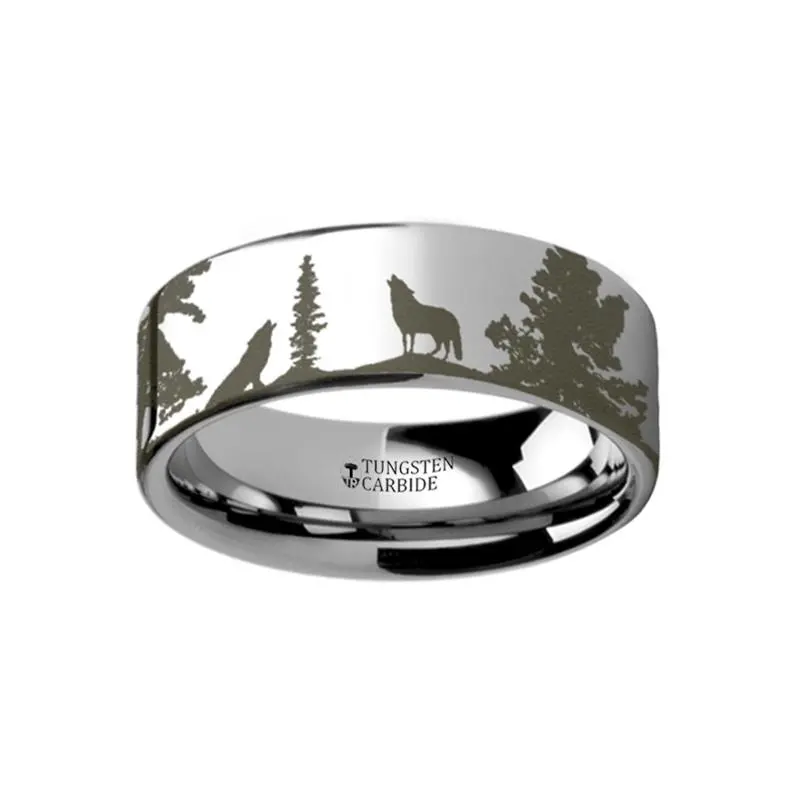 Animal Landscape Scene Wolf Engraved Flat Tungsten Ring 1
