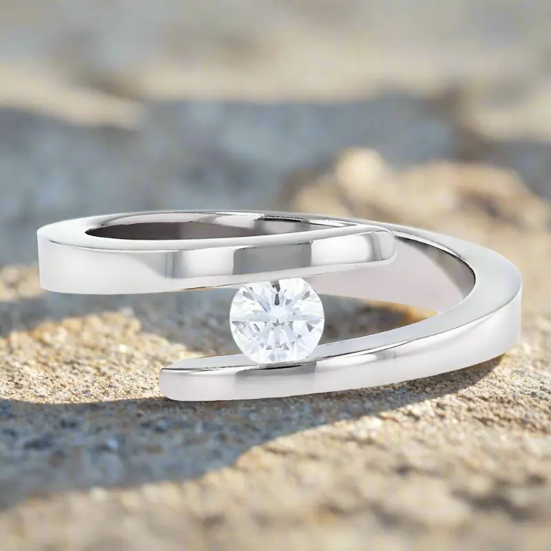 Anna | Women's Silver Titanium Ring, Tension Set Diamond 4