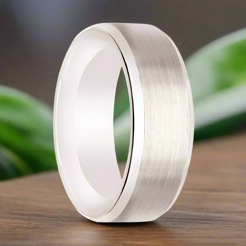 Antares | Silver Tungsten Ring, White Ceramic Interior, Beveled 4