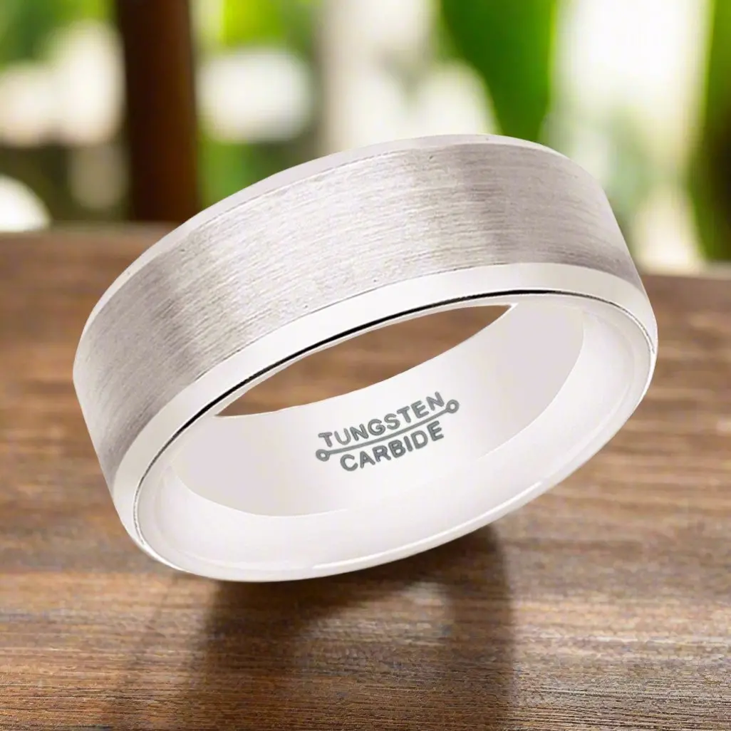 Antares | Silver Tungsten Ring, White Ceramic Interior, Beveled 5
