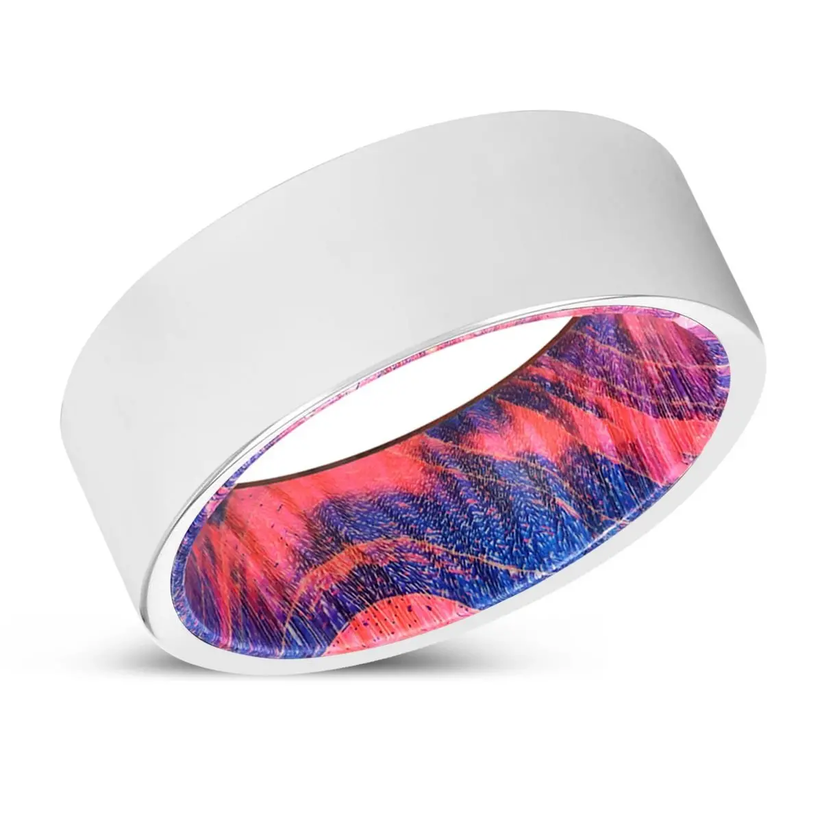 Antonio | Blue & Red Wood, Silver Tungsten Ring, Shiny, Flat 2