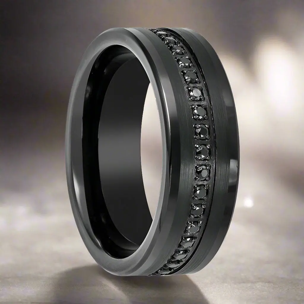 Apodis | Black Tungsten Ring, Black Sapphire Stone, Flat 1