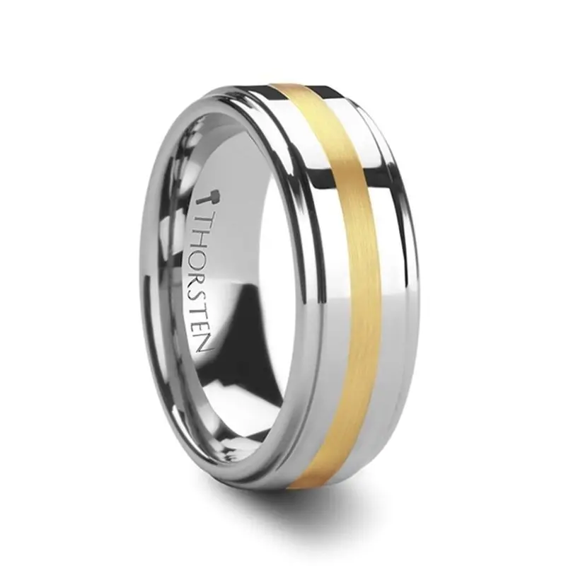 Apollo | Silver Tungsten Ring, 14K Gold Inlay, Stepped Edges 1