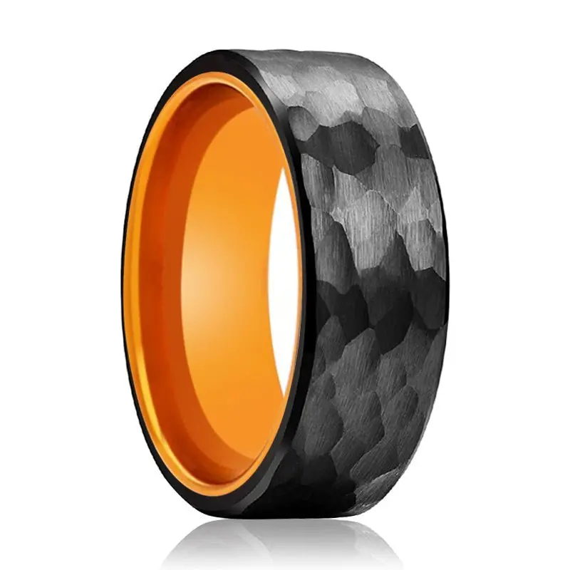 Apricot | Orange Ring, Black Tungsten Ring, Hammered, Flat 1