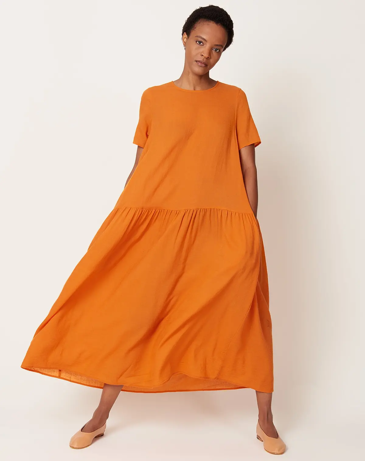 Drop Waist Dress In Clementine Wool Gauze 1