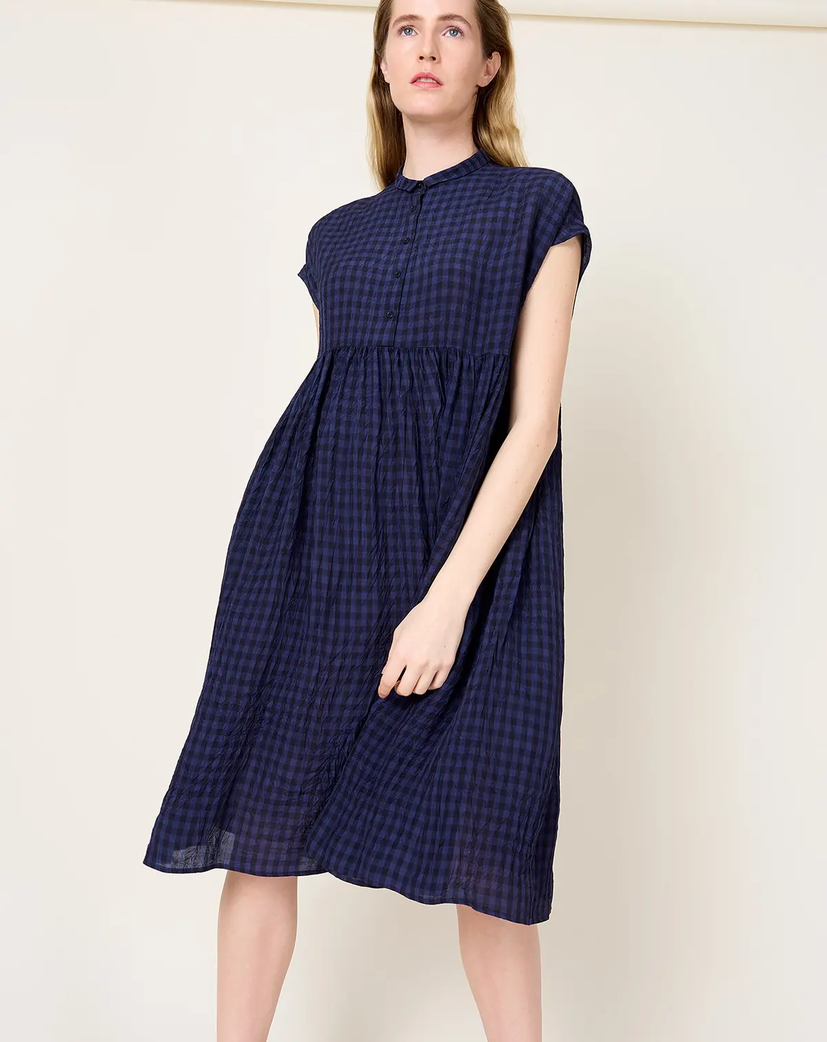 Crinkle Vichy Collared Dress In Night 1