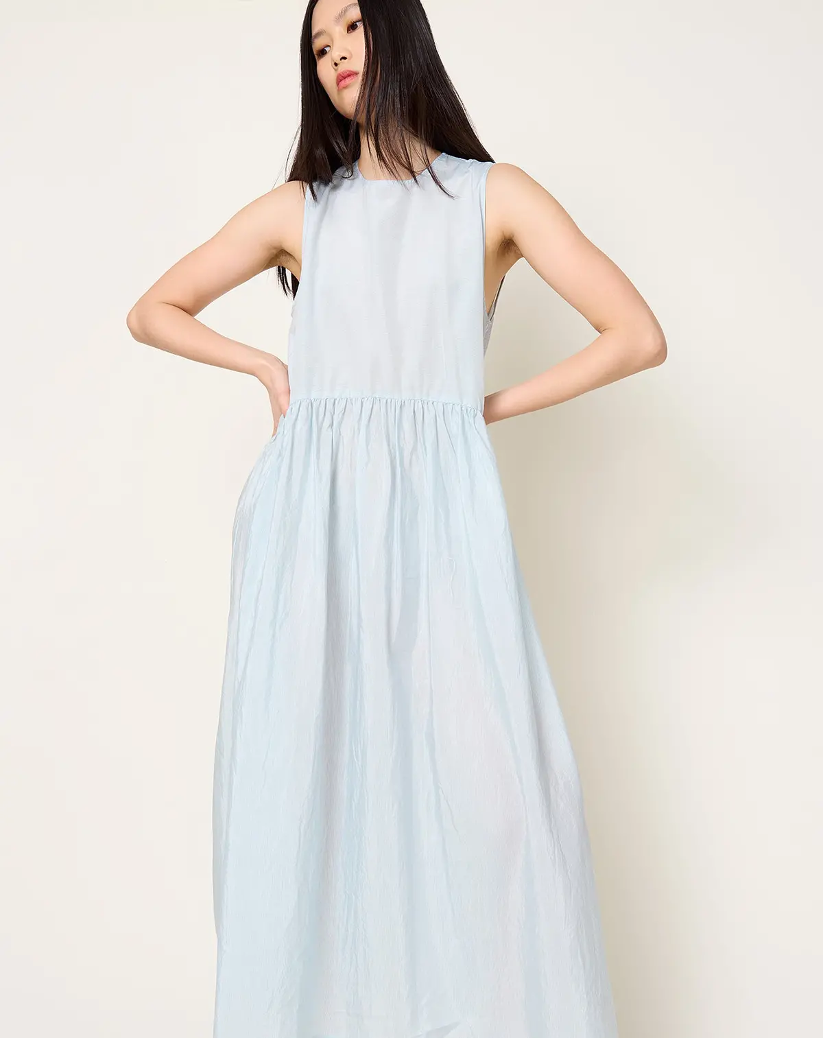 Cotton Silk Gather Dress In Sky Pinstripe 1