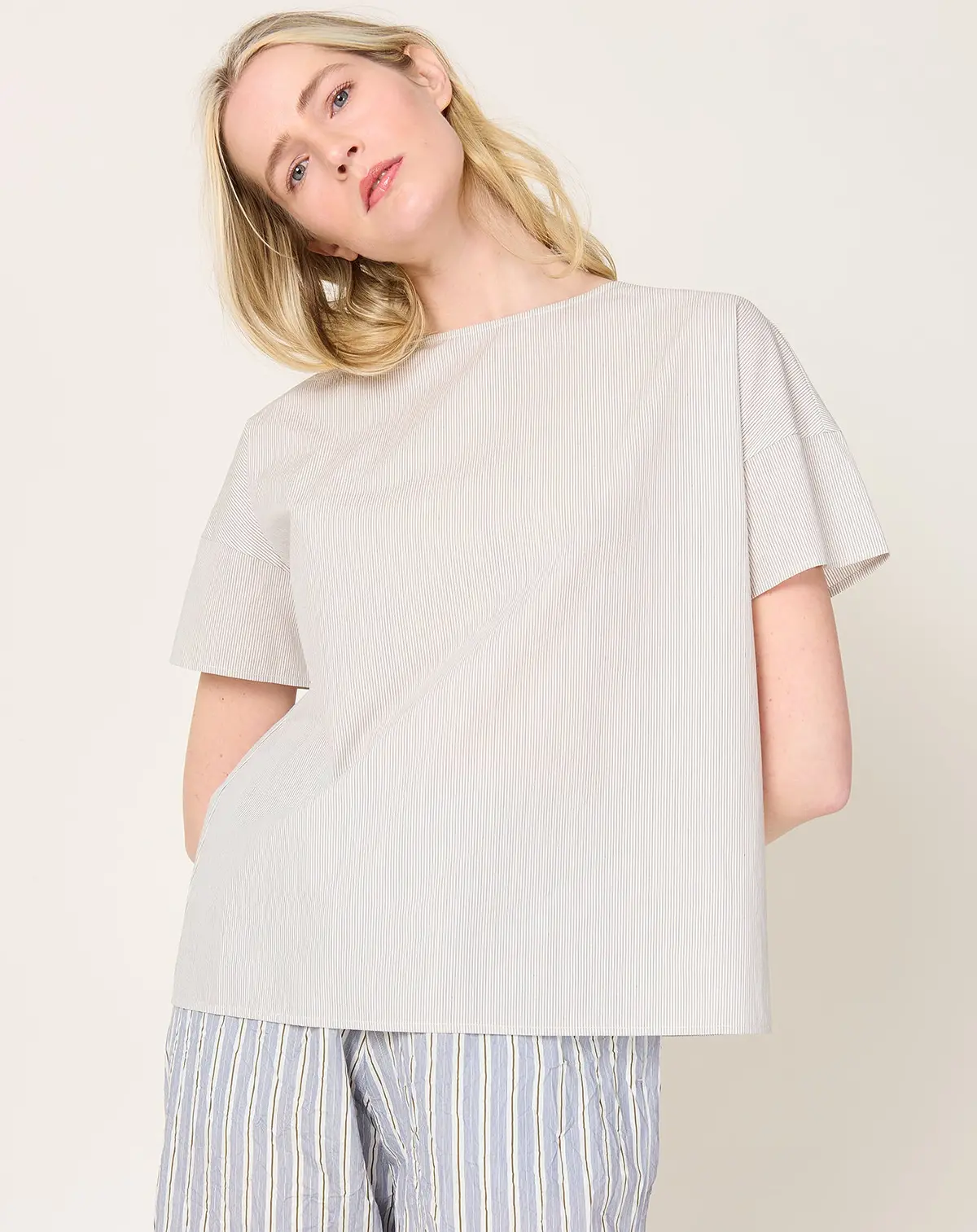 Striped Short Sleeve Top In Meringue 1