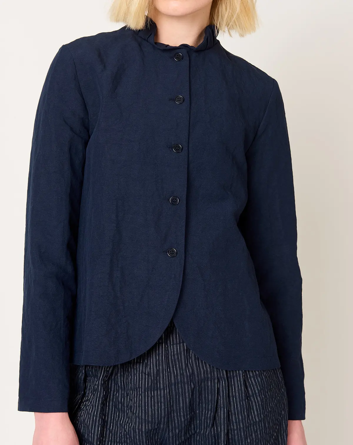 Soft Linen Rouche Collar Jacket In Abyss 1