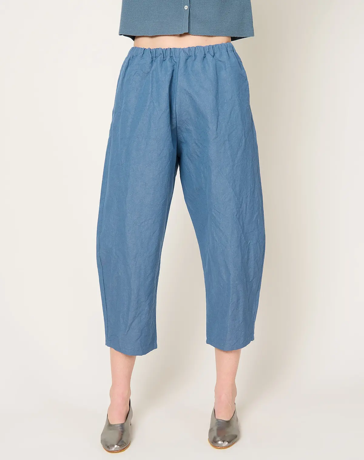 Cotton Linen Curved Leg Trouser In Sugar Blue 1