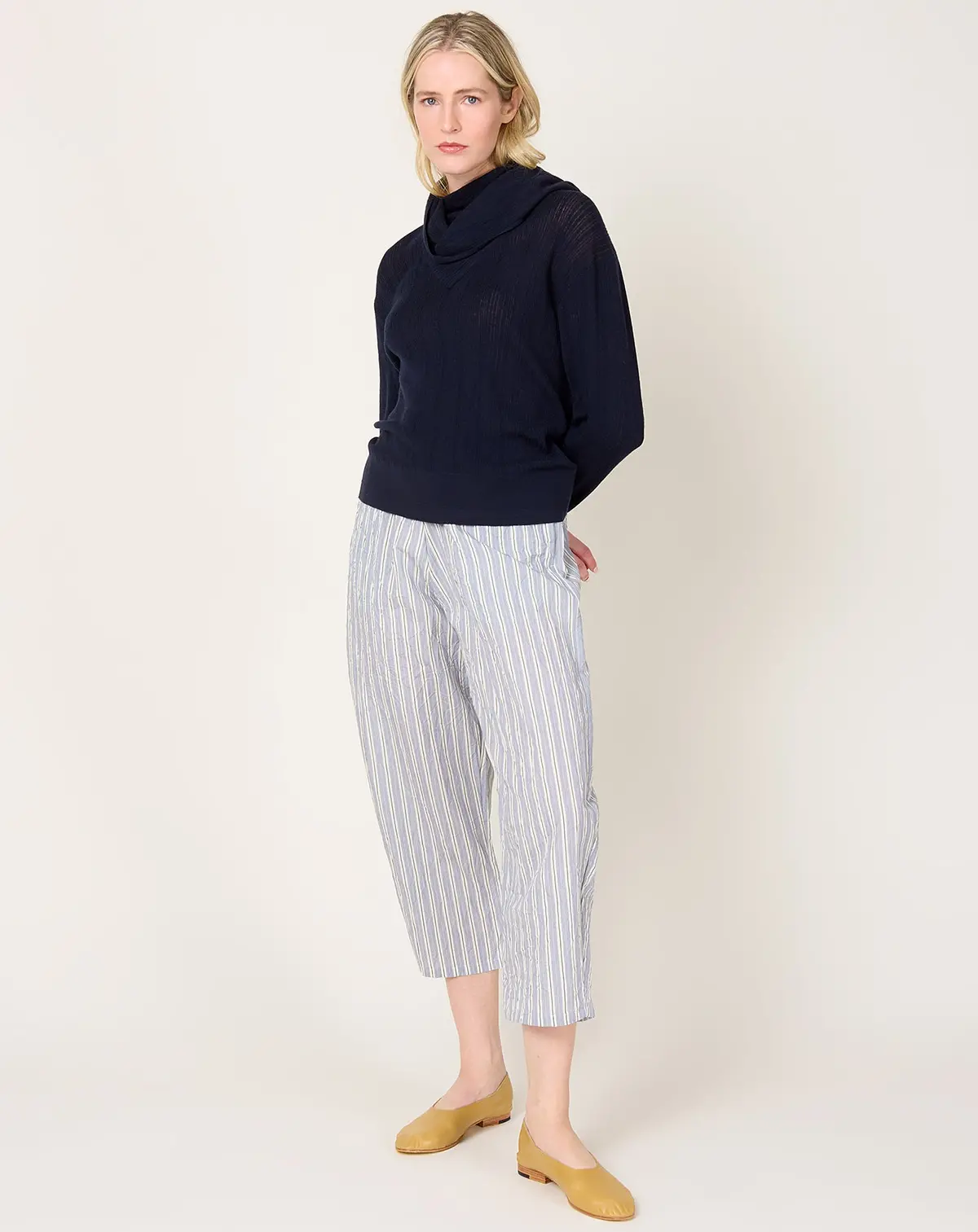 Striped Crinkle Curved Leg Trouser In Abyss 1