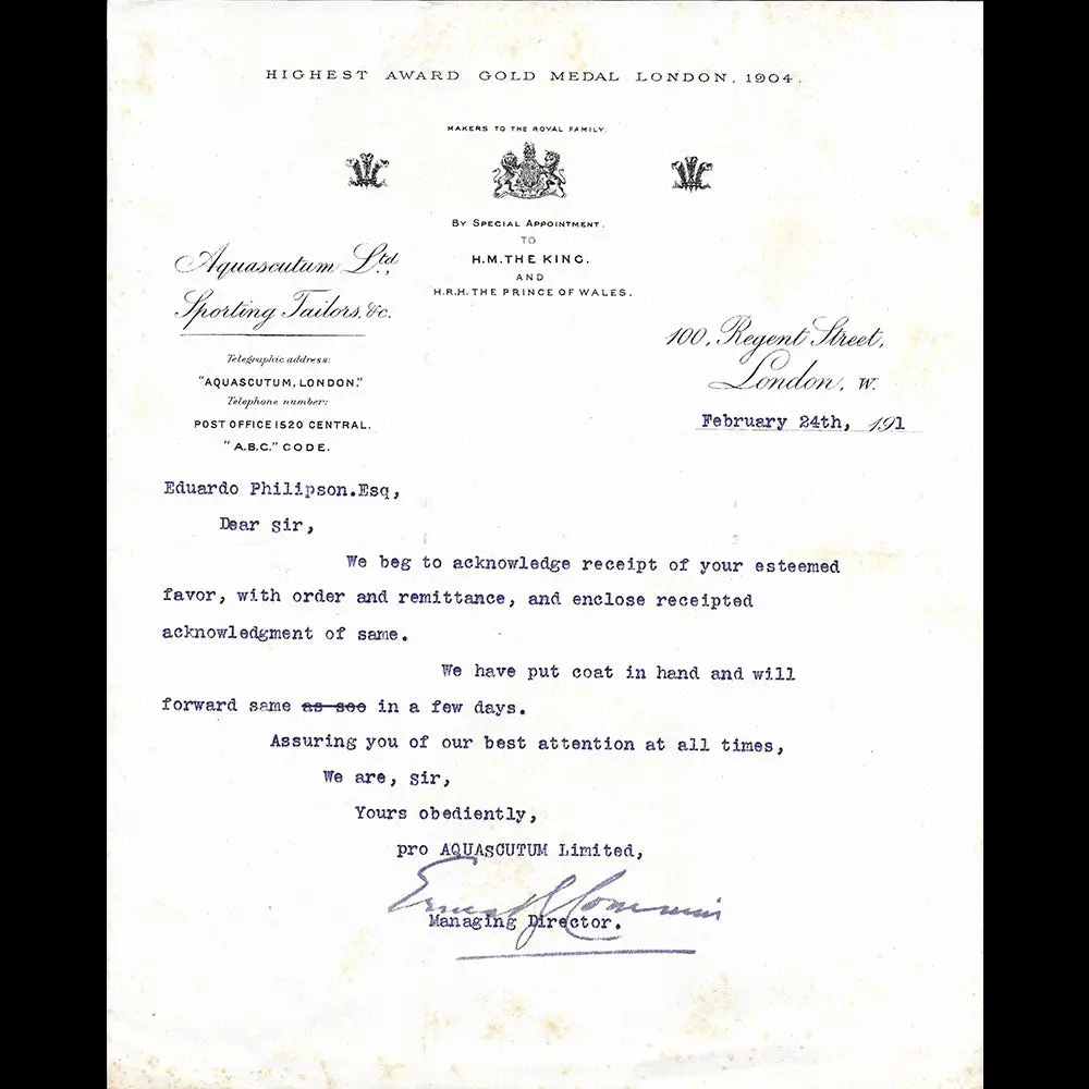 Aquascutum - Lettre Du Magasin, 100 Regent Street, London (1911) 1