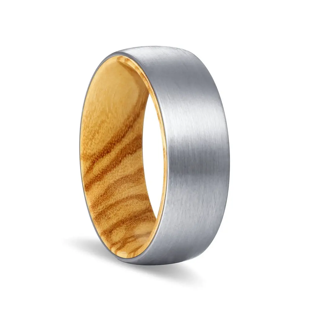 Arbor | Olive Wood, Silver Tungsten Ring, Brushed, Domed 1