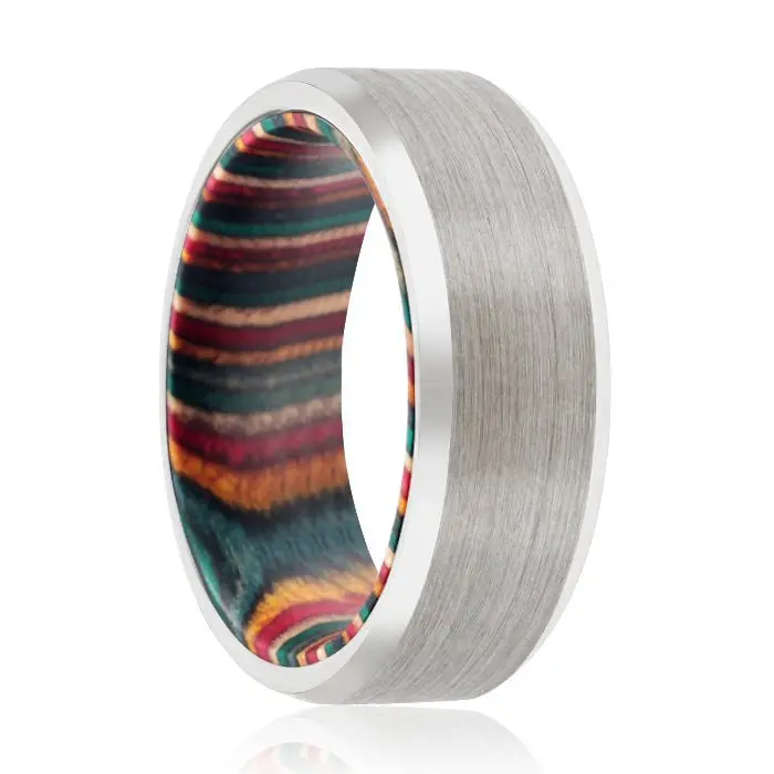 Arc | Multi Color Wood, Silver Tungsten Ring, Brushed, Beveled 1