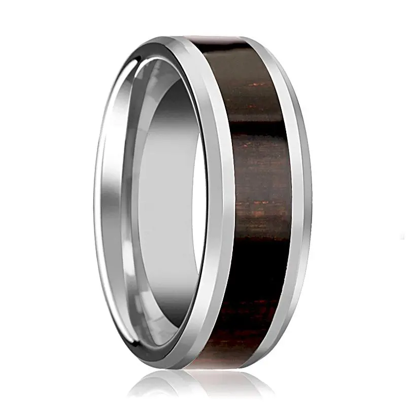 Arcane | Silver Tungsten Ring, Ebony Wood Inlay, Beveled 1
