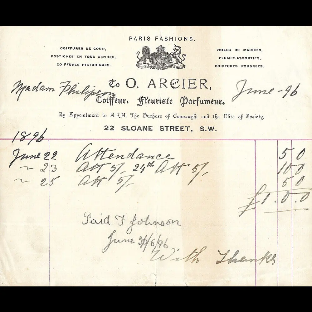 0. Arcier - Facture Du Coiffeur, 22 Sloane Street, London (1896) 1