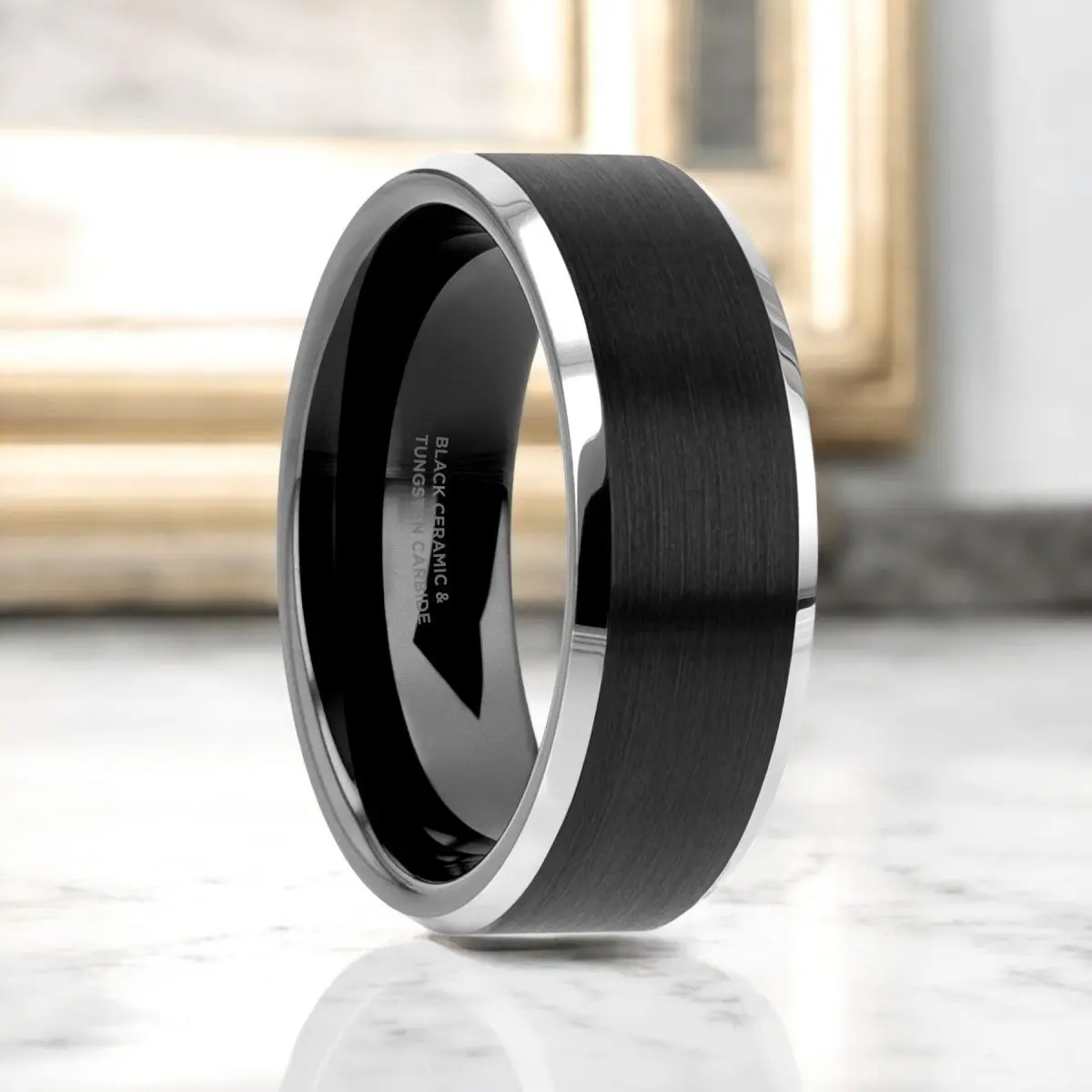 Arden | Black Tungsten Ring, Ceramic Center Brushed, Beveled 1