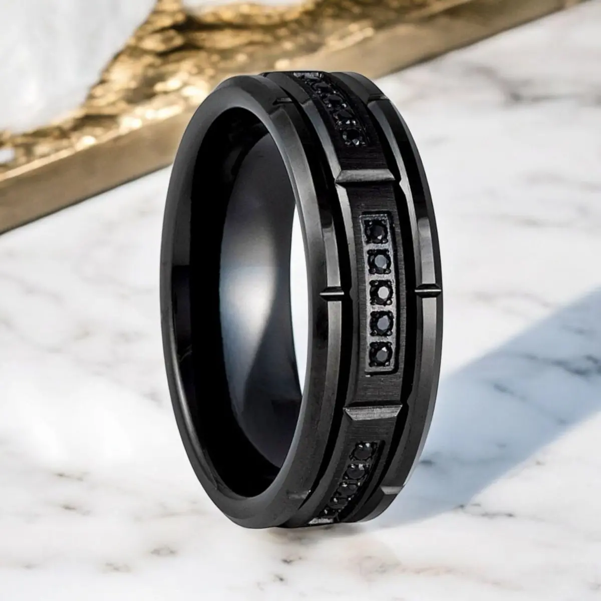 Arkos | Black Tungsten Ring, Sectional Diamond Stimulate Cz 1