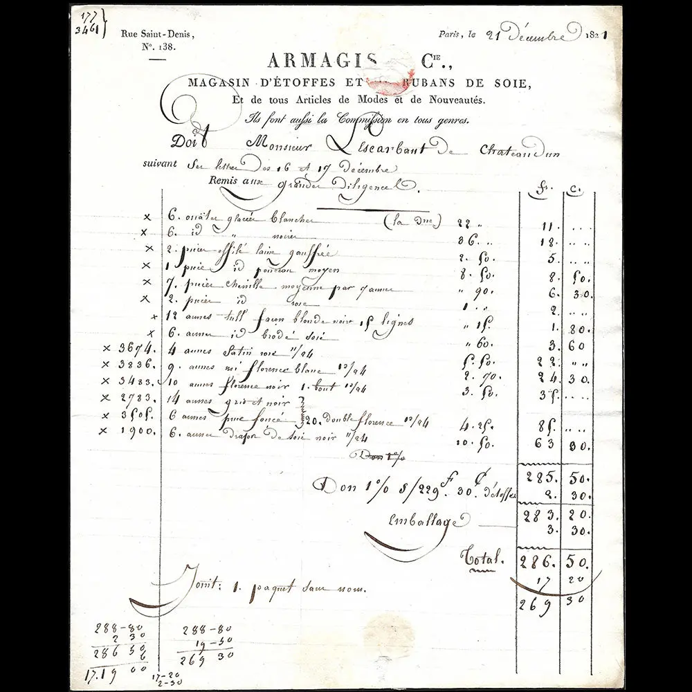 Armagis Et Cie - Facture Du Magasin D'étoffes Et De Rubans De Soie, 138 Rue Saint-Denis À Paris (1821) 1
