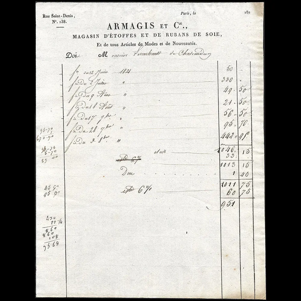 Armagis Et Cie - Facture Du Magasin D'étoffes Et De Rubans De Soie, 138 Rue Saint-Denis À Paris (1821) 1