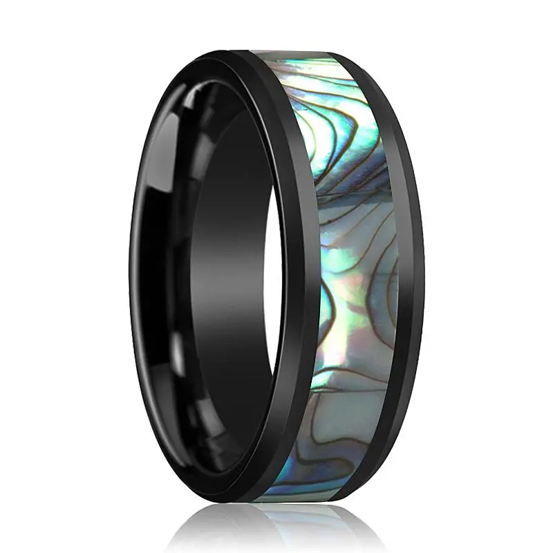 Oahu | Black Ceramic Ring, Mother Of Pearl Inlay, Beveled 1