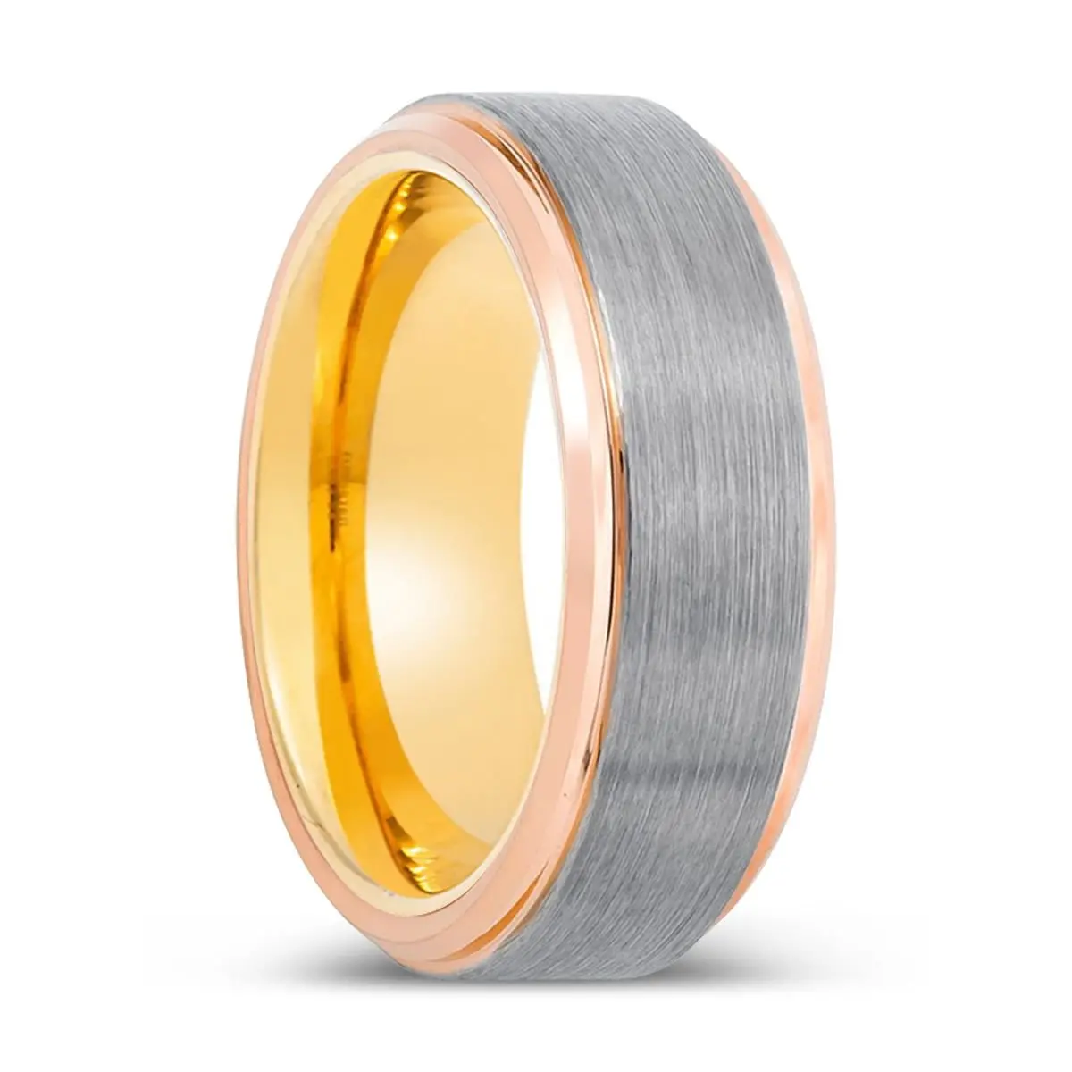 Armored | Gold Ring, Silver Tungsten Ring, Brushed, Rose Gold Stepped Edge 1