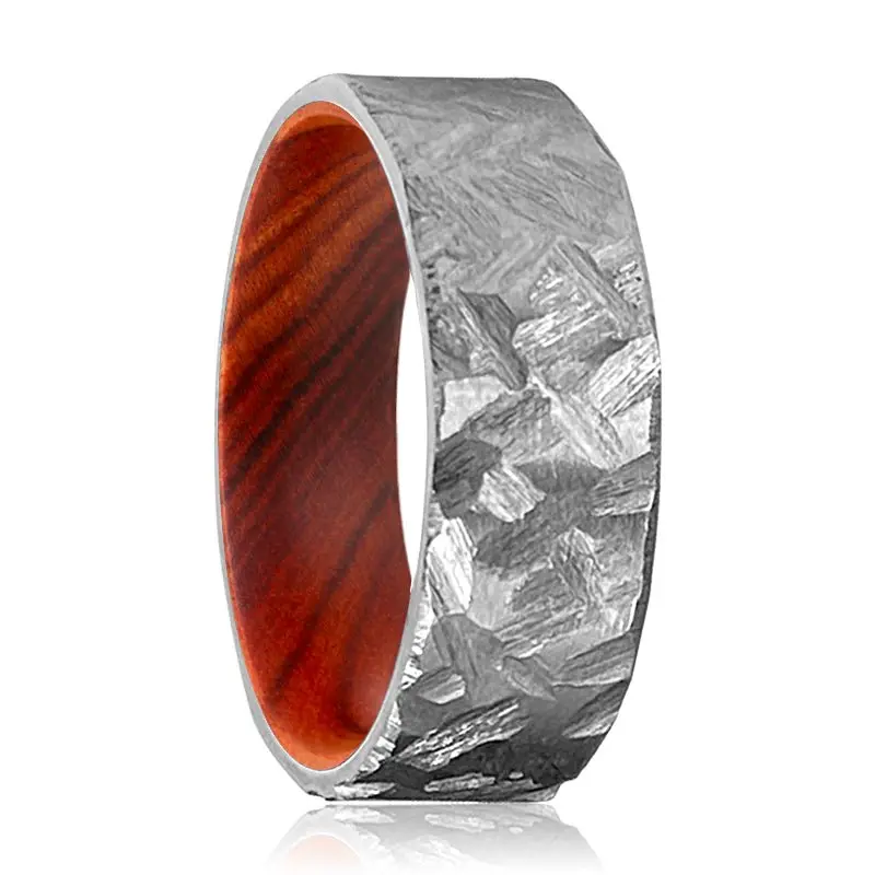 Artful | Iron Wood, Silver Titanium Ring, Hammered, Flat 1