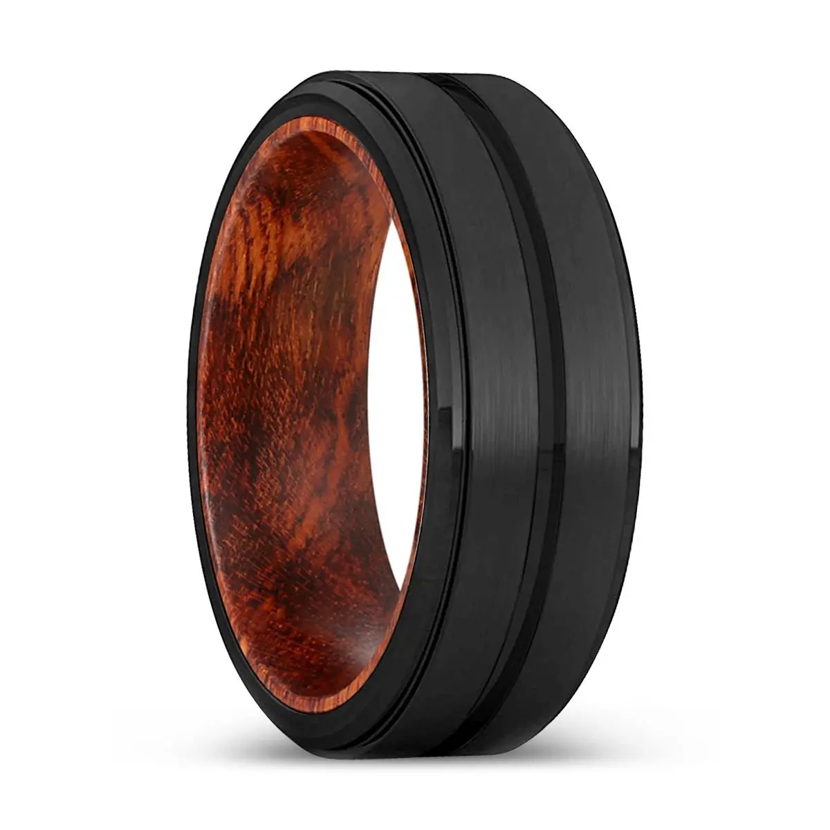 Ashton | Snake Wood, Black Tungsten Ring, Grooved, Stepped Edge 1