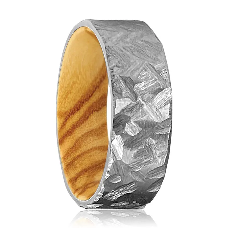 Aspen | Olive Wood, Silver Titanium Ring, Hammered, Flat 1