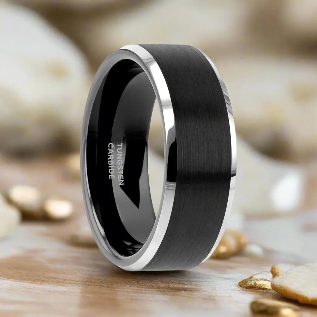 Aston | Black Tungsten Ring, Black Brushed, Silver Beveled Edges 1