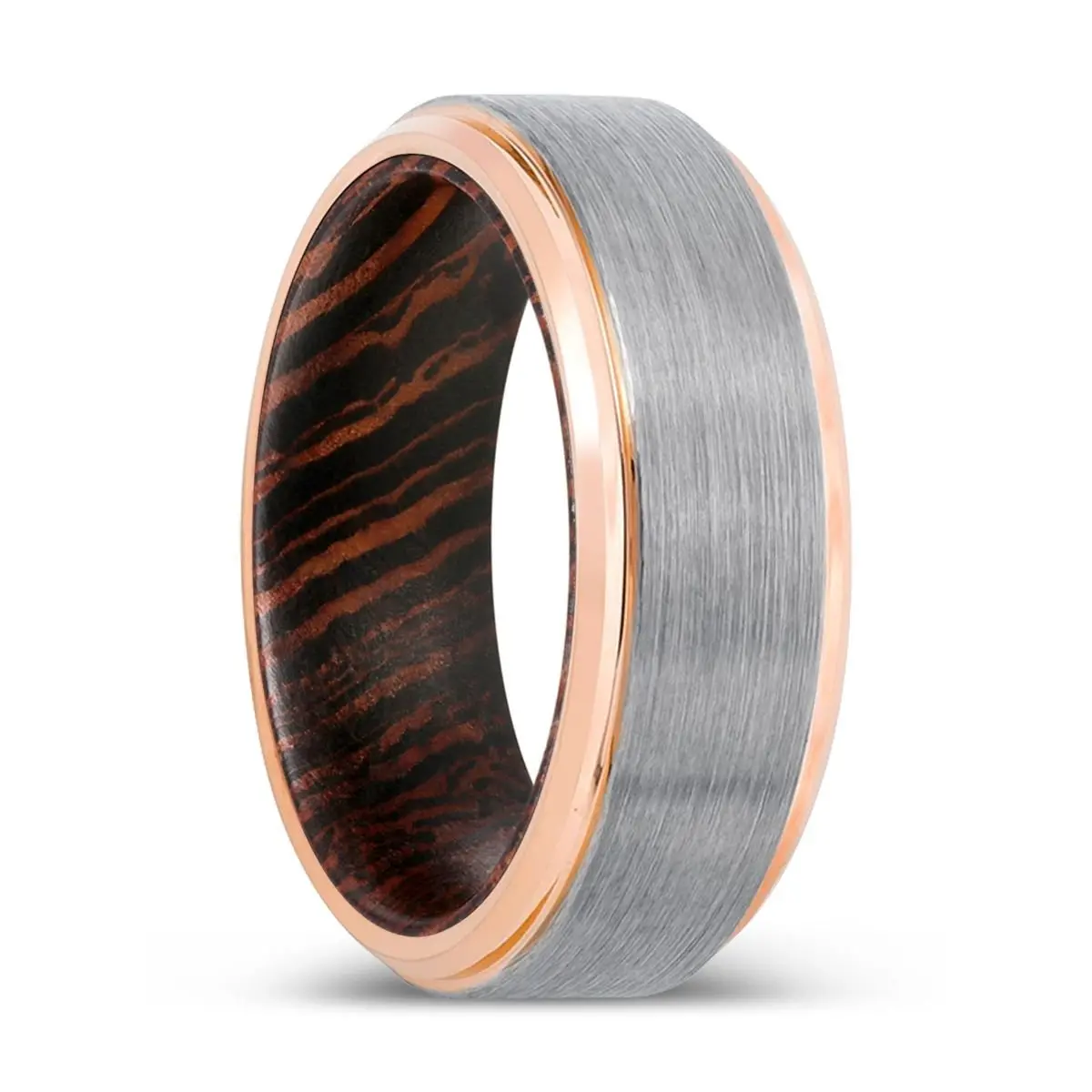 Asvin | Wenge Wood, Silver Tungsten Ring, Brushed, Rose Gold Stepped Edge 1