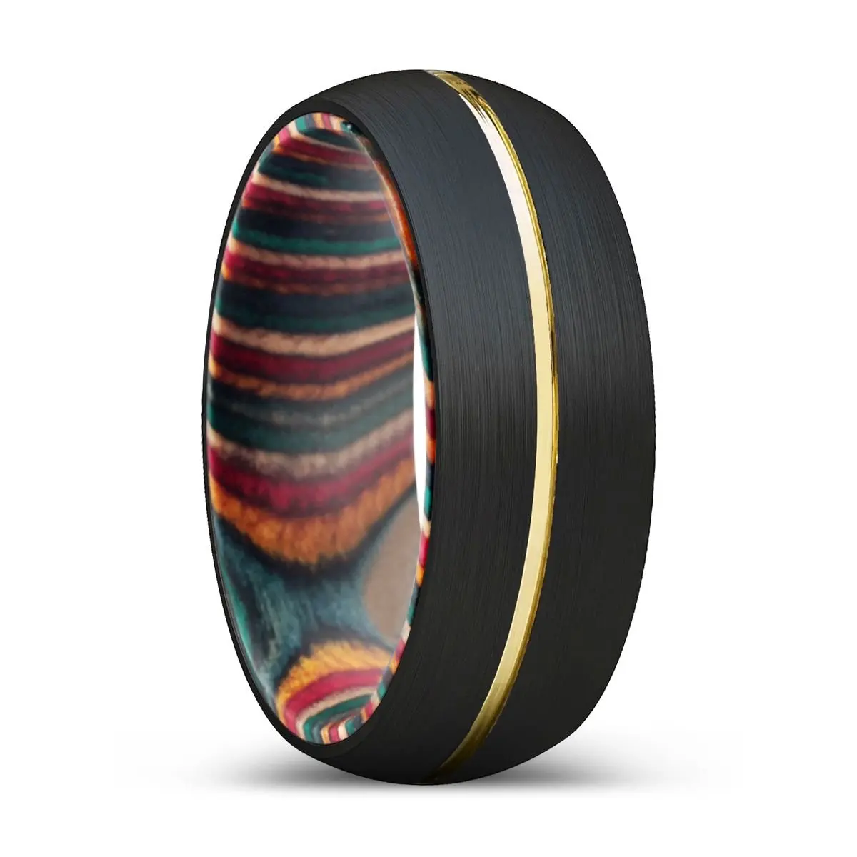 Ataxia | Multi Color Wood, Black Tungsten Ring, Gold Groove, Domed 1