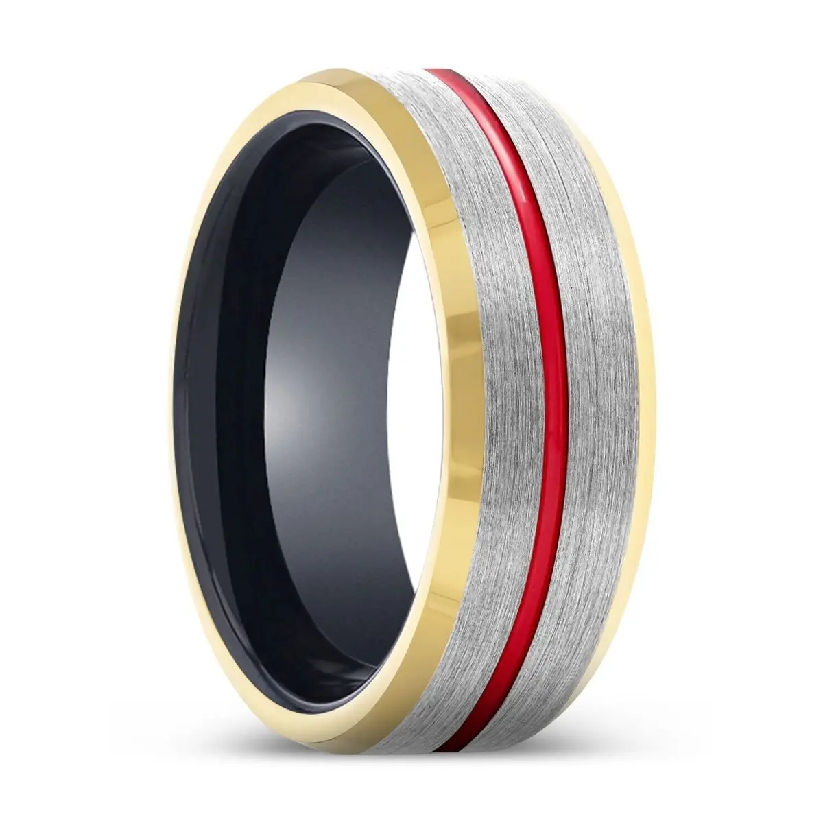 Atom | Black Ring, Silver Tungsten Ring, Red Groove, Gold Beveled Edge 1