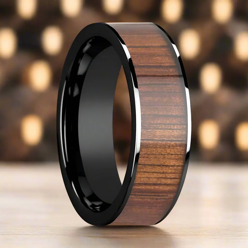 Atreus | Black Ceramic Ring, Koa Wood Inlay, Flat 1