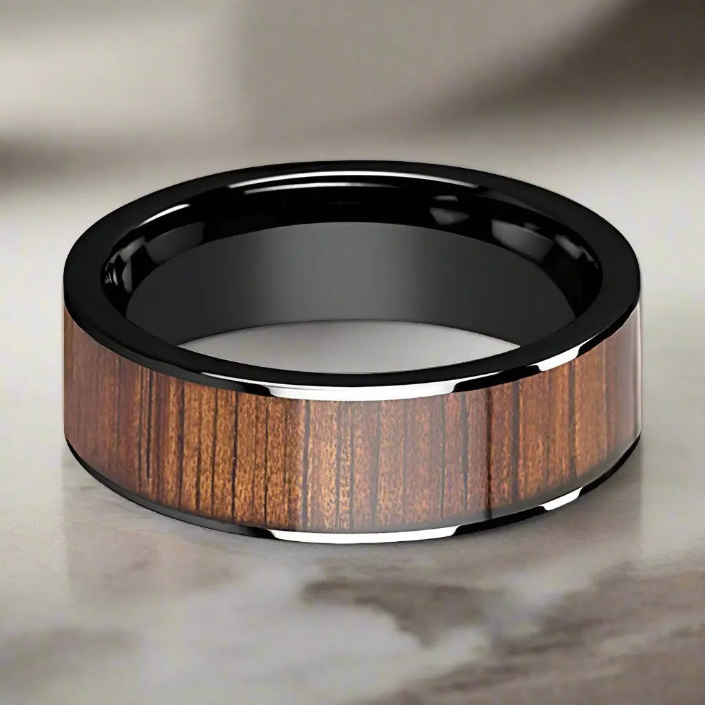 Atreus | Black Ceramic Ring, Koa Wood Inlay, Flat 2