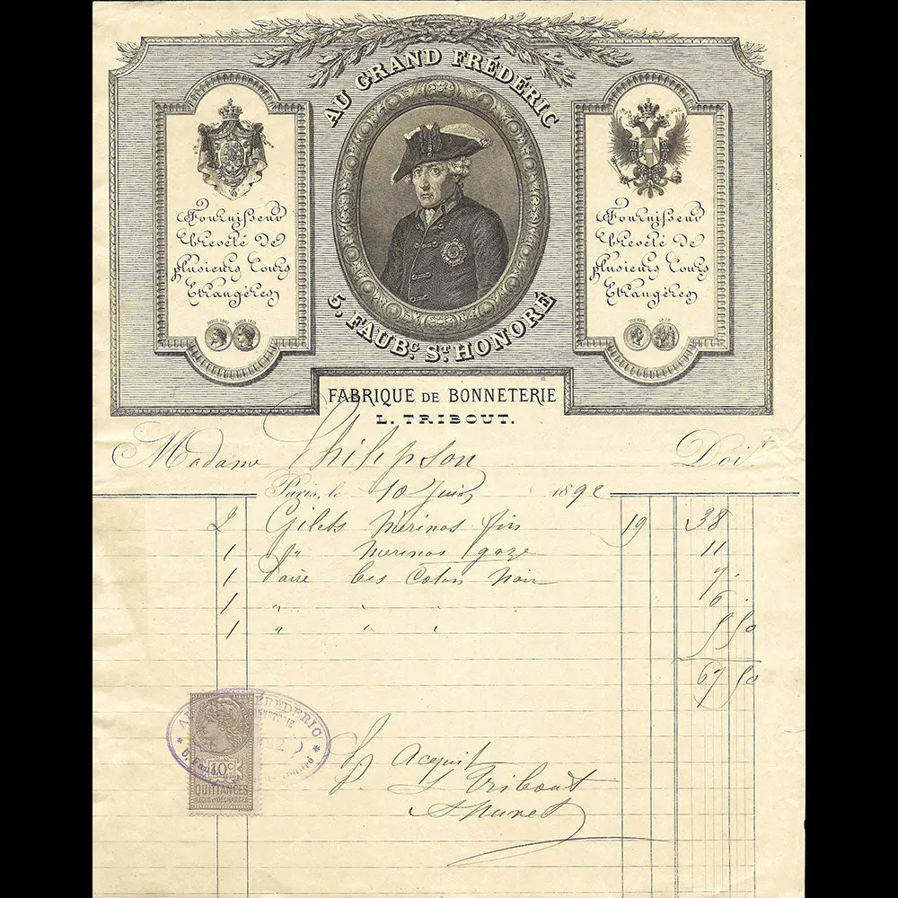 Au Grand Frédéric - Facture De La Maison De Bonneterie, 5 Faubourg Saint-Honoré À Paris (1892) 1