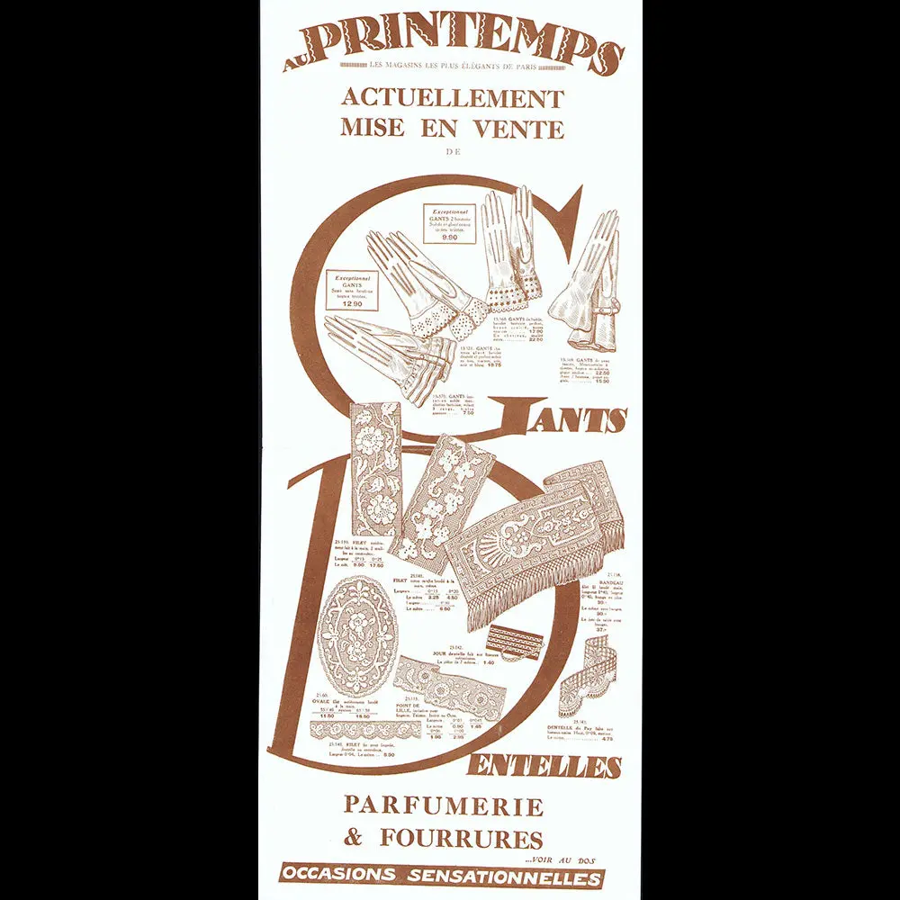 Au Printemps - Actuellement Mis En Vente Gants, Dentelles, Parfums, Fourrures Affiche Des Grands Magasins (1924) 1