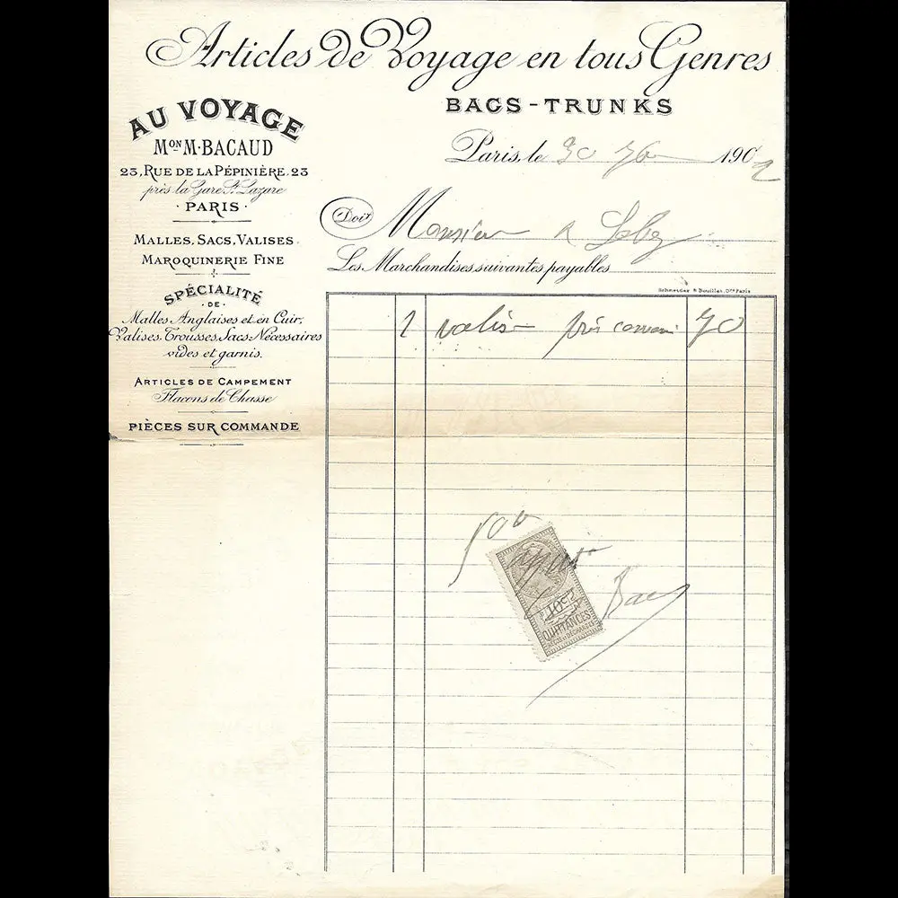 Au Voyage - Facture Du Magasin D'articles De Voyage, 23 Rue De La Pépinière À Paris (1902) 1