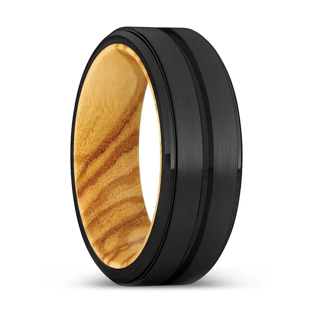 Aubrey | Olive Wood, Black Tungsten Ring, Grooved, Stepped Edge 1