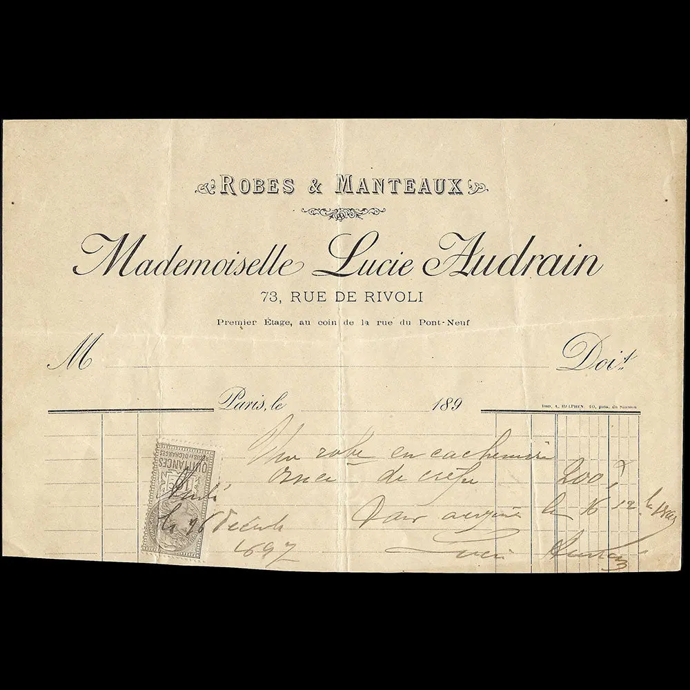 Lucie Audrain - Facture De La Maison De Couture, 73 Rue De Rivoli À Paris (1897) 1
