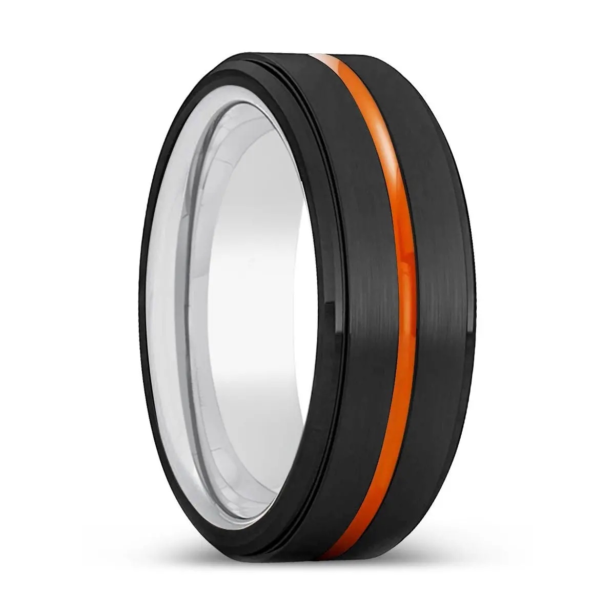 Augusta | Silver Ring, Black Tungsten Ring, Orange Groove, Stepped Edge 1