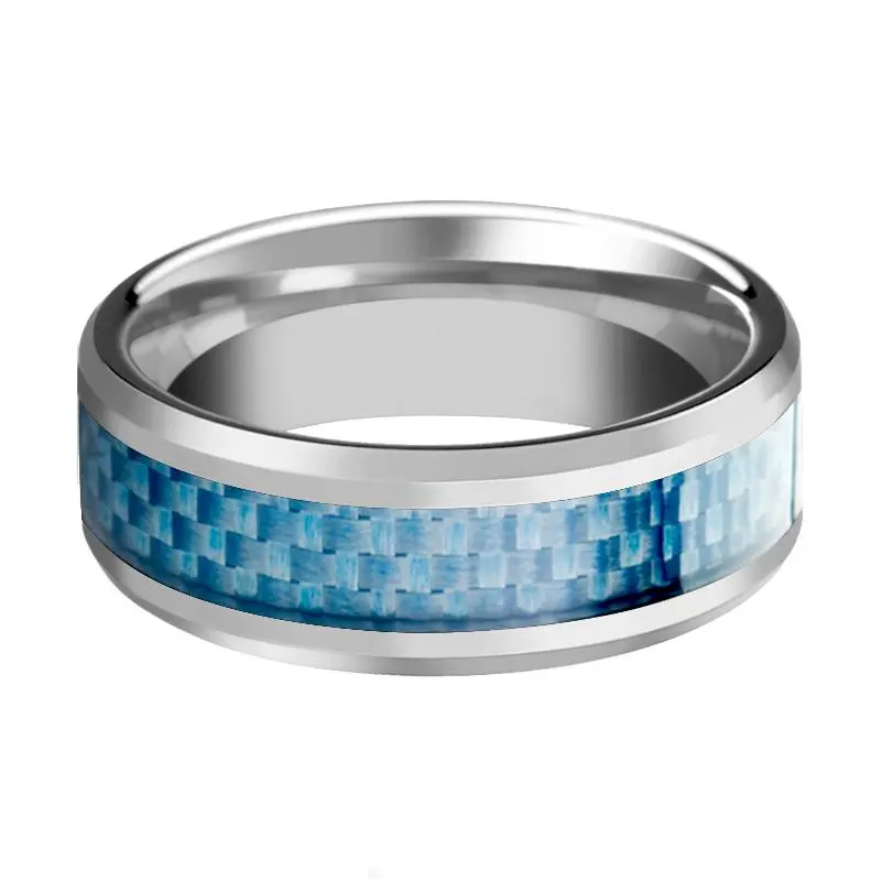 Augustus | Silver Tungsten Ring, Light Blue Carbon Fiber Inlay, Beveled 2