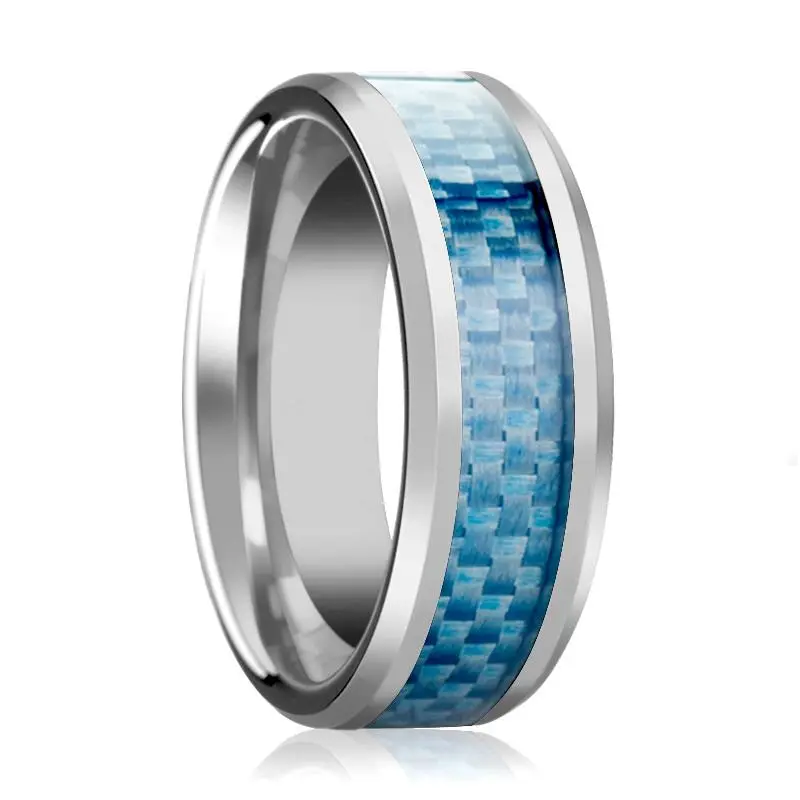 Augustus | Silver Tungsten Ring, Light Blue Carbon Fiber Inlay, Beveled 1