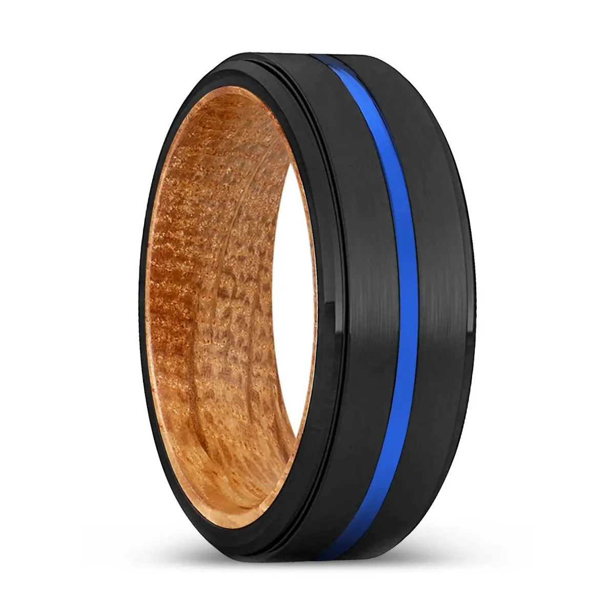 Aura | Whiskey Barrel Wood, Black Tungsten Ring, Blue Groove, Stepped Edge 1