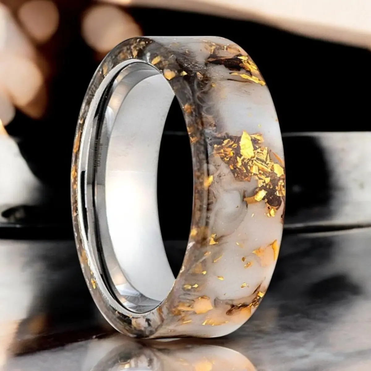 Auric | Silver Tungsten Ring, White/Black And Gold Foil Resin Inlay 1