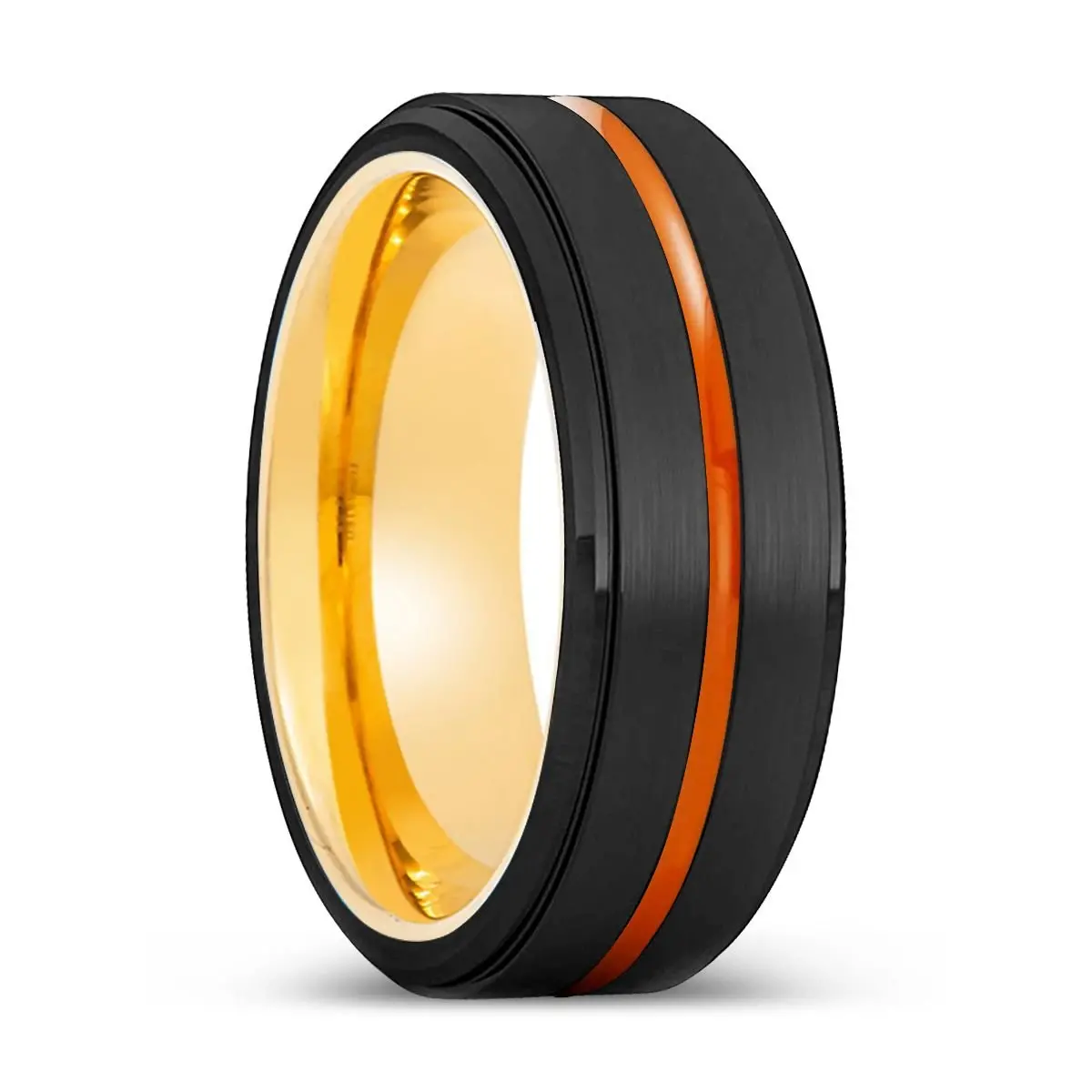 Aurora | Gold Ring, Black Tungsten Ring, Orange Groove, Stepped Edge 1