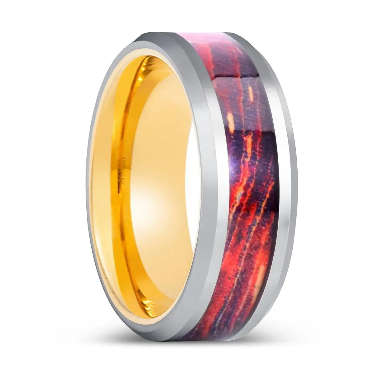 Aurorix | Gold Ring, Silver Tungsten Ring, Galaxy Wood Inlay, Beveled Edge 1