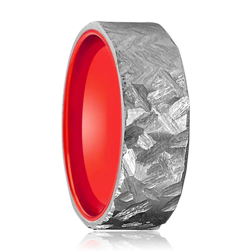 Autumn | Red Ring, Silver Titanium Ring, Hammered, Flat 1