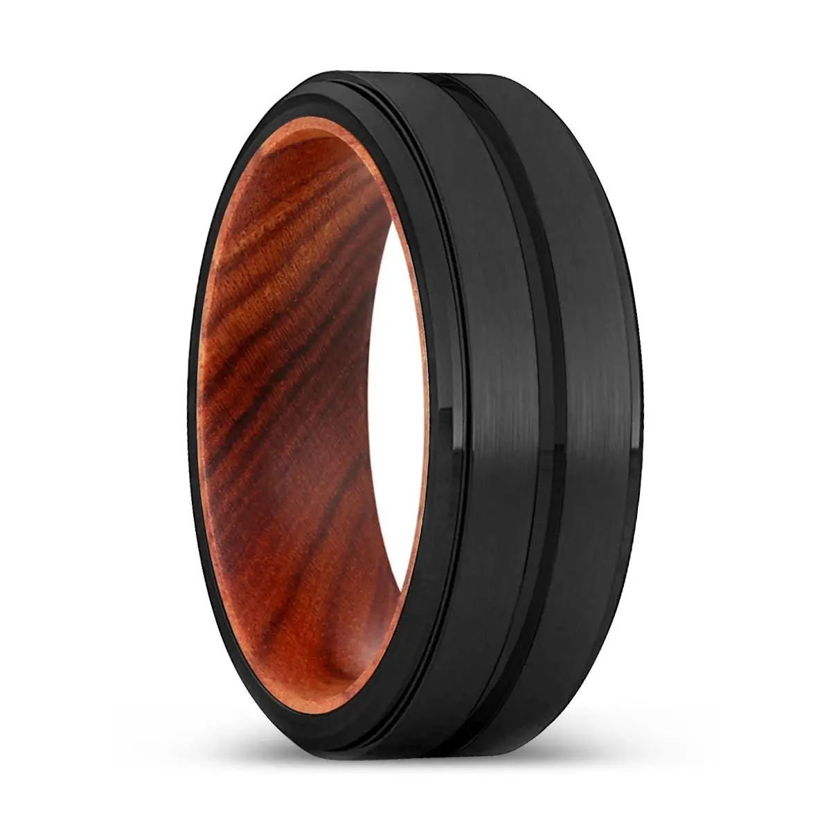 Avery | Iron Wood, Black Tungsten Ring, Grooved, Stepped Edge 1