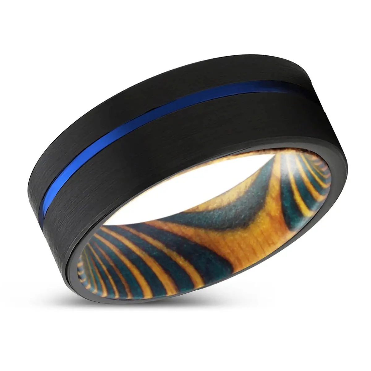 Avian | Green And Yellow Wood, Black Tungsten Ring, Blue Offset Groove, Flat 2